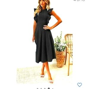 Nwt Ecowish Women's black embroidered ruffle cap sleeves A-line midi dress XL